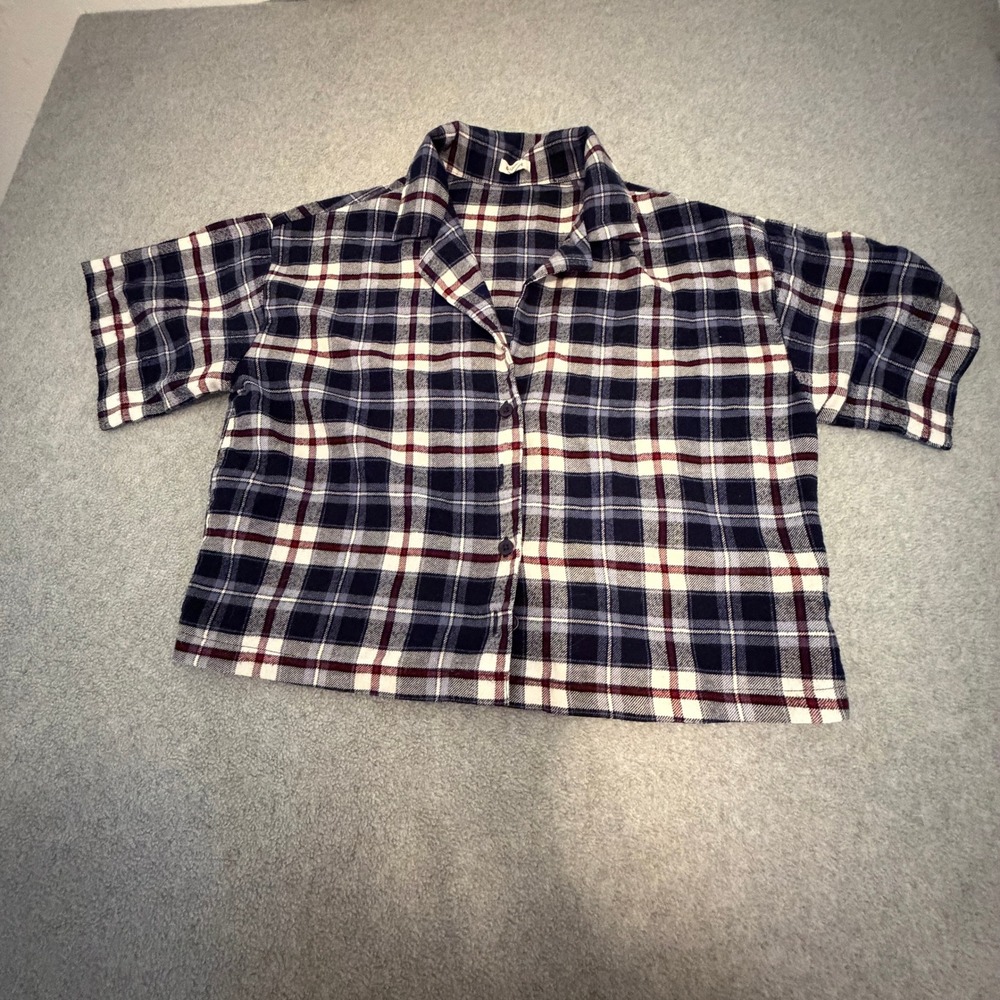 Garage Womens XS Plaid Boxy Cropped Button Down Shirt Navy Burgundy